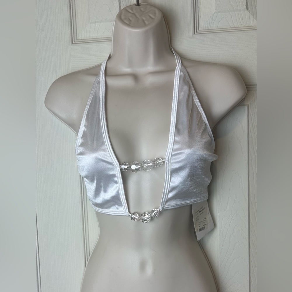 Dreamgirl Victorias Closet White Satin Halter Bra with Crystal Bead Accents nwt